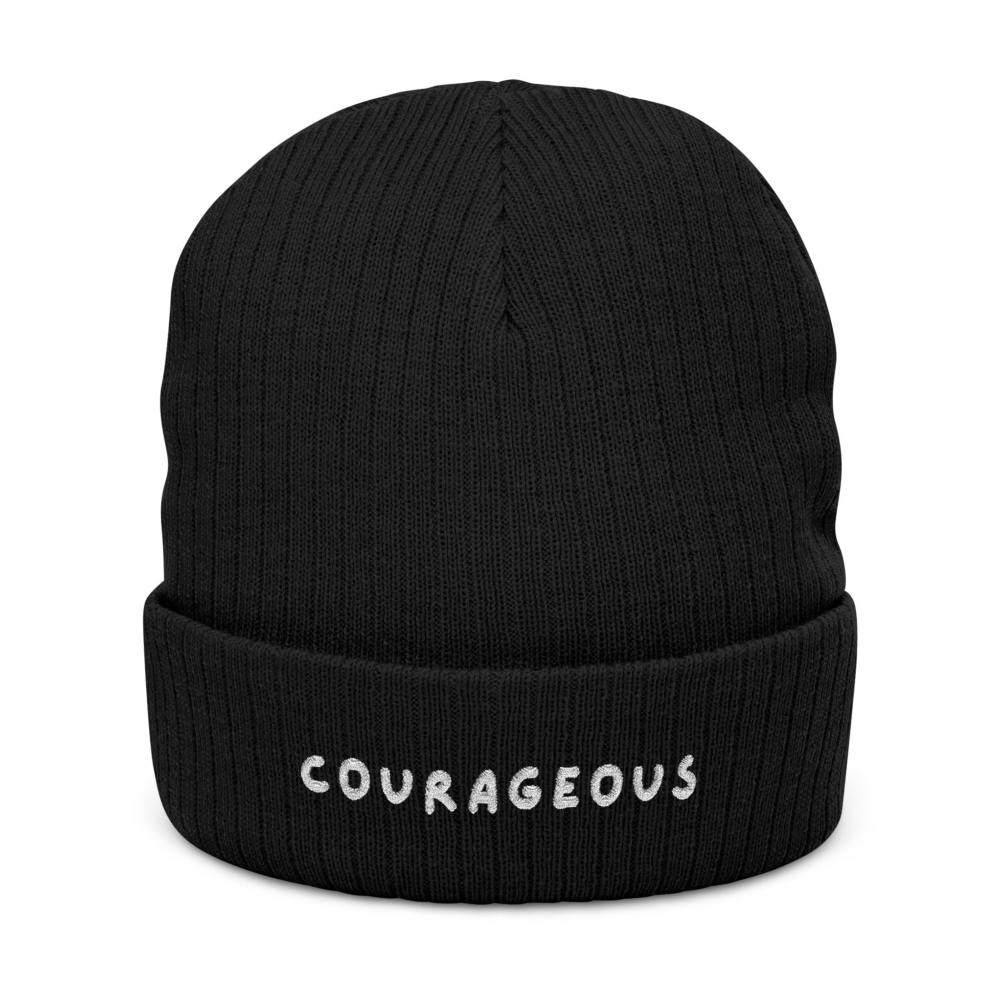 Courageous Embroidered Ribbed Beanie – Cozy Knit Winter Hat with 'COURAGEOUS' Text