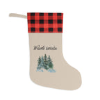 Wesołe święta Polish Merry Christmas pine trees Christmas Stocking, buffalo plaid cuff, beige fabric by Printify