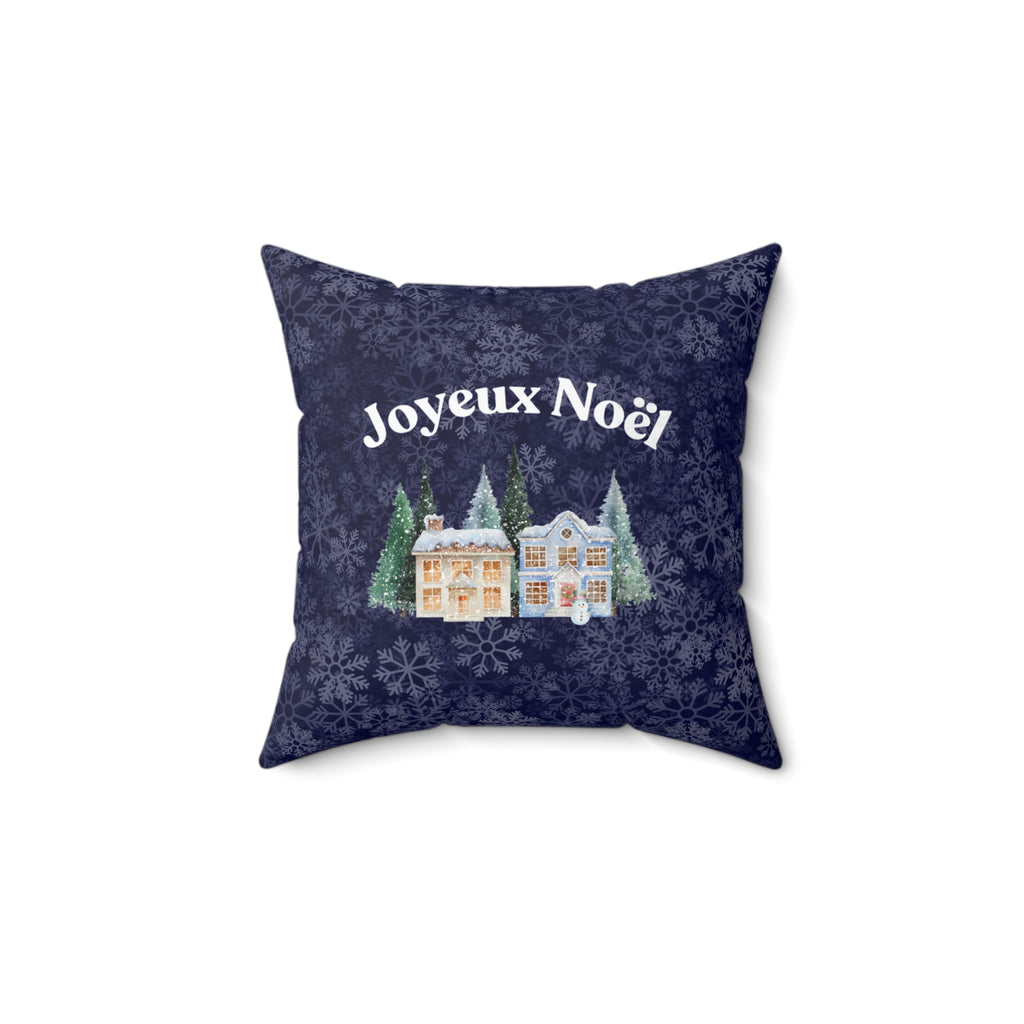 Joyeux Noël dark blue Holiday Throw Pillow, Festive Winter Village Décor with snowflake print and cozy winter theme