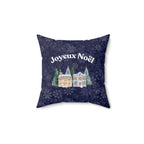 Joyeux Noël dark blue Holiday Throw Pillow, Festive Winter Village Décor with snowflake print and cozy winter theme