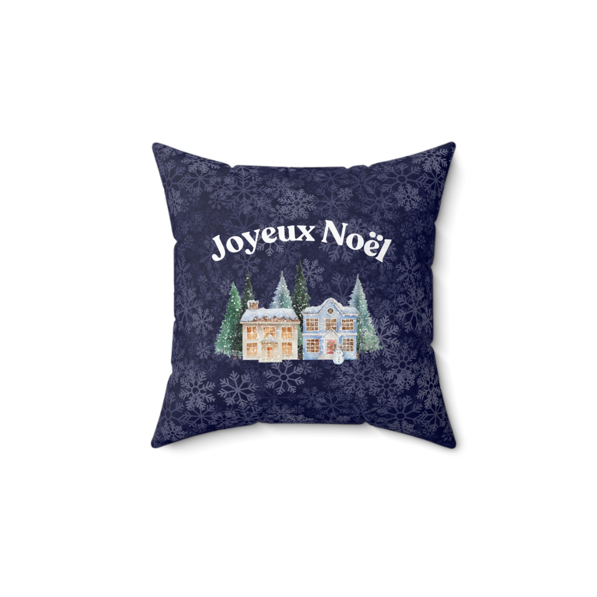 Joyeux Noël dark blue Holiday Throw Pillow, Festive Winter Village Décor with snowflake print and cozy winter theme