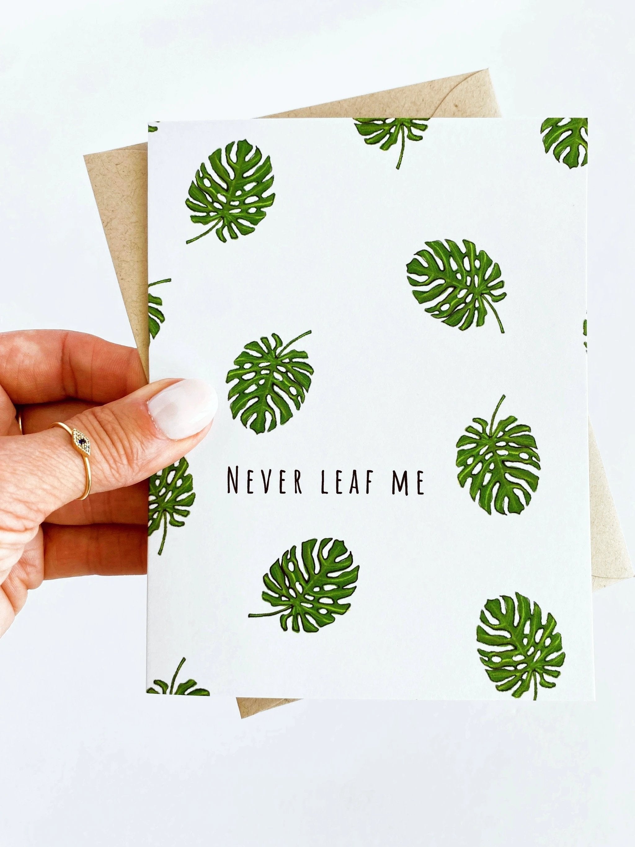 Never Leaf Me Valentine’s Card – Funny & Cute Monstera Succulent Anniversary Card by Five Dot Post