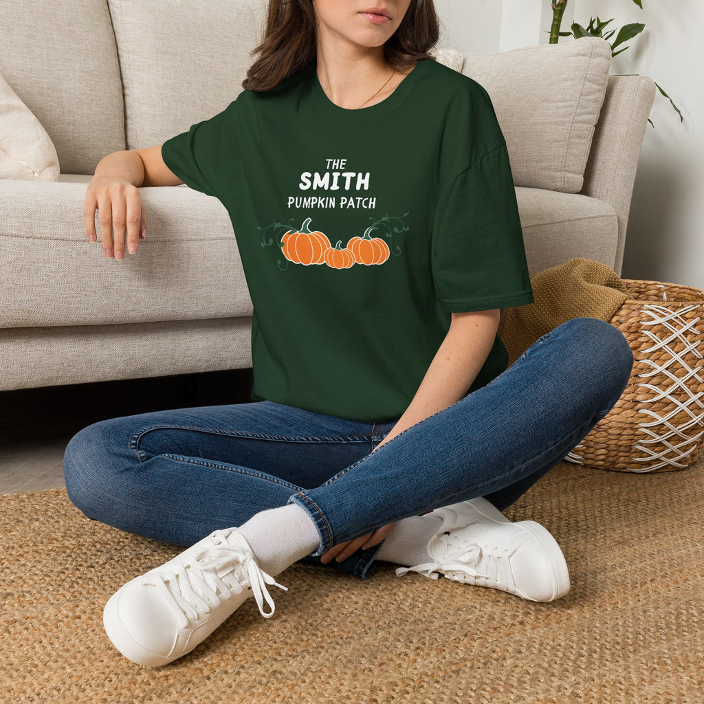 The Personalized Pumpkin Patch T-Shirt, Your family name Pumpkin Patch Fall Tee for autumn family photos, Pregnancy announcements