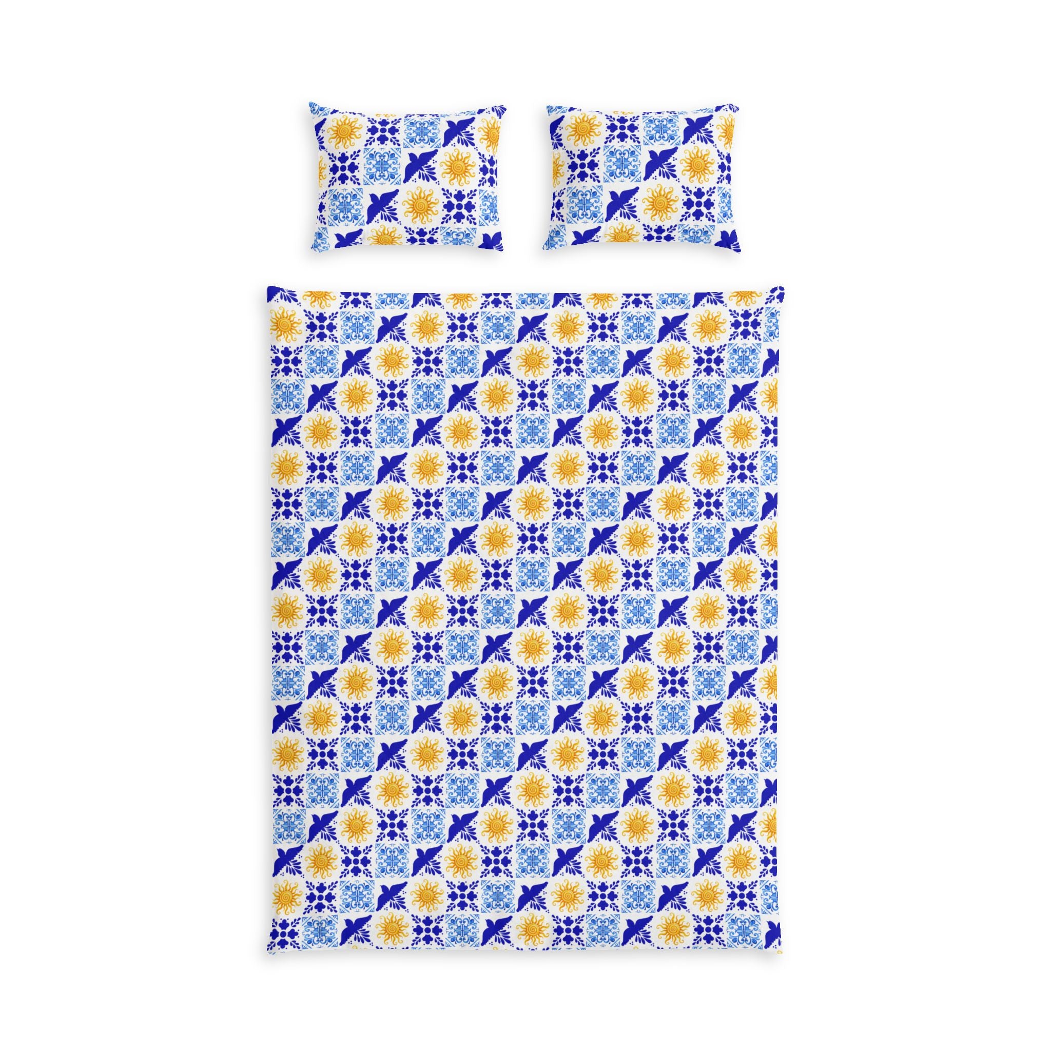 Mediterranean Sun 'Talavera Sol' Tile Cotton Bed Set - Blue, yellow, and white bedding