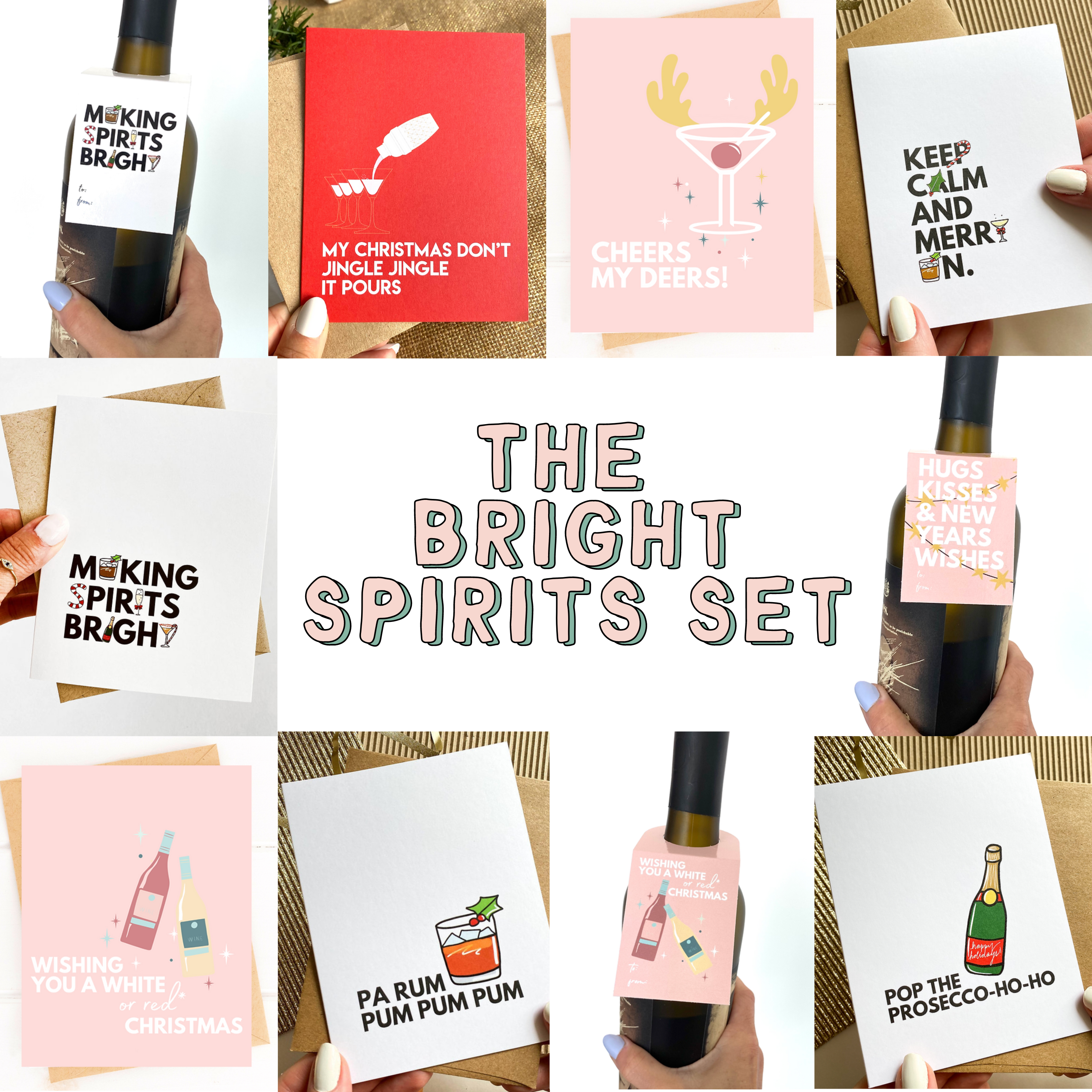 The Bright Spirits Holiday Card and Wine Tag Set 7 Cards and 3 Tags Assorted