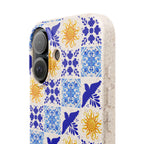 Eco friendly Blue Sun and Bird Talavera sol Tile Pattern Phone Case | Biodegradable Case