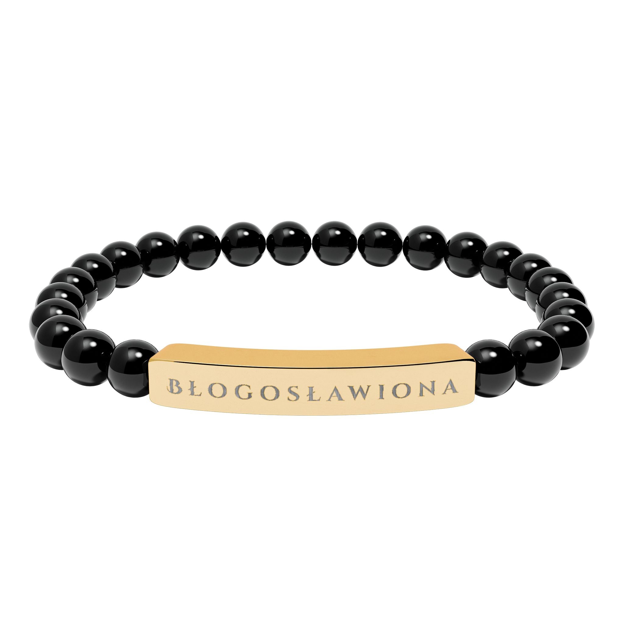 Błogosławiona (Blessed) Polish Engravable Natural Stone Bead Bracelet, Personalized Bar Stretch Bracelet