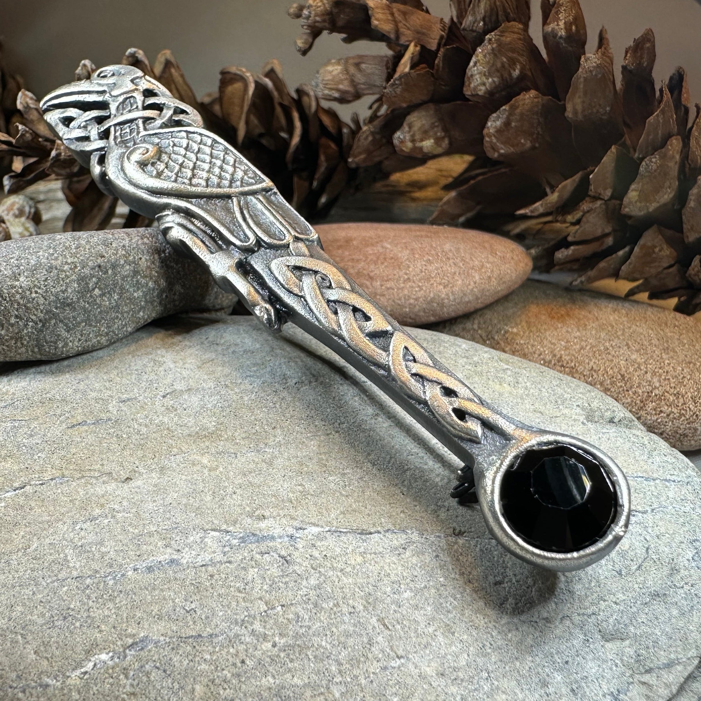 Celtic Raven Crystal Kilt Pin - Handmade in Scotland