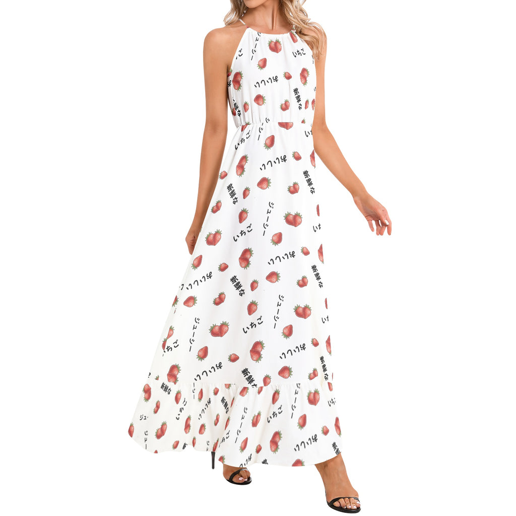 Japanese strawberries いちご Ruffle Hem Halter Neck Maxi Dress, summer date night vacation outfit