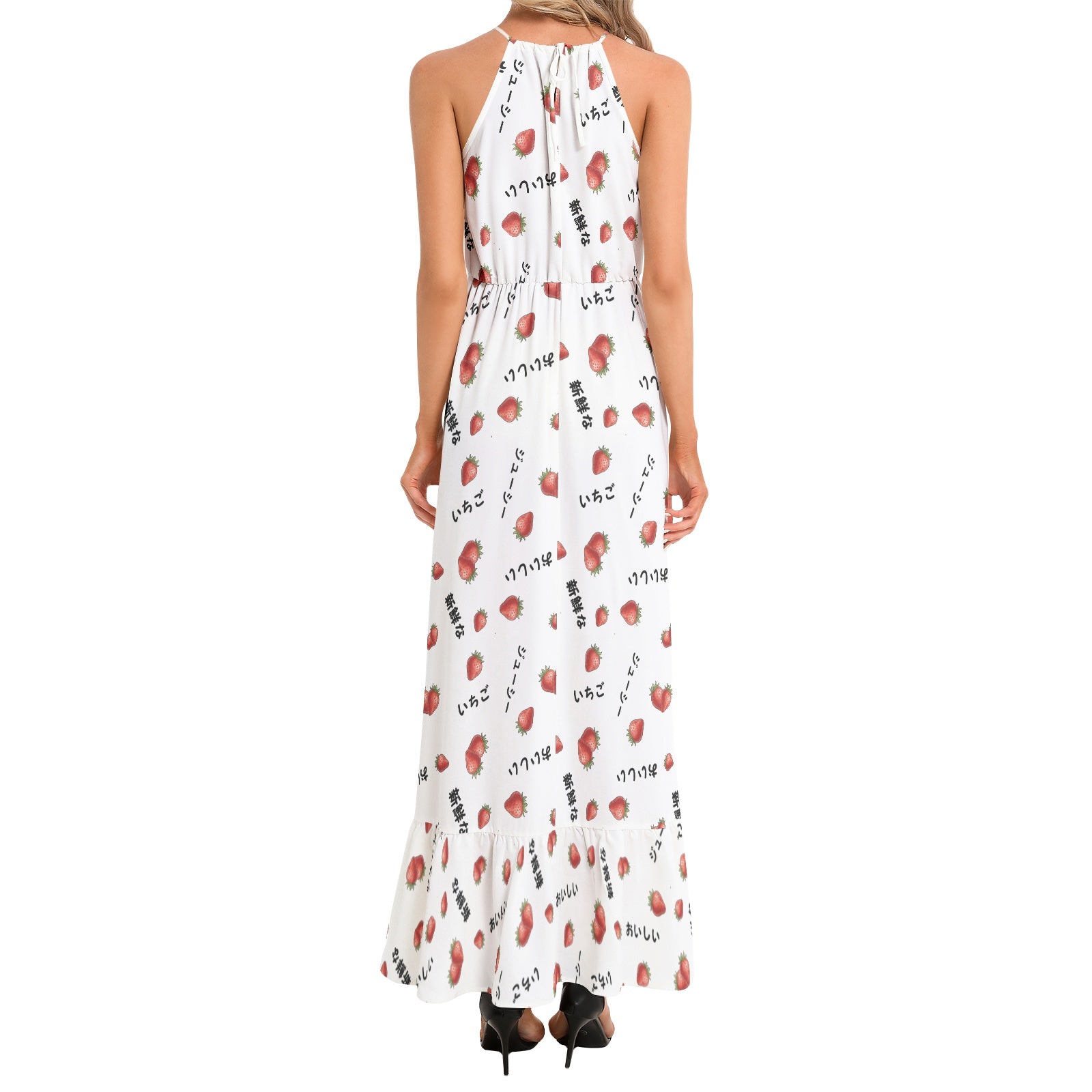 Japanese strawberries いちご Ruffle Hem Halter Neck Maxi Dress, summer date night vacation outfit