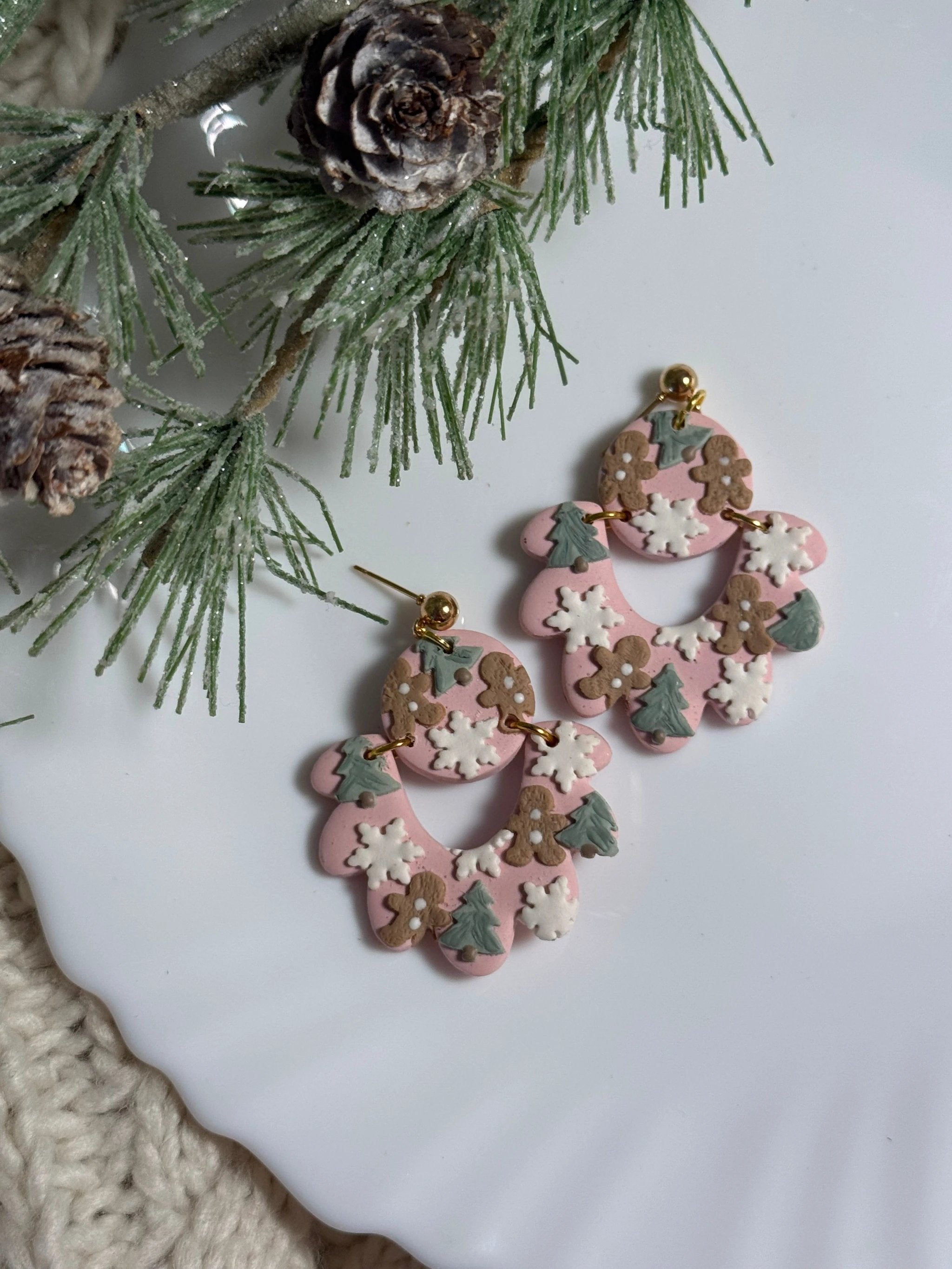 Taylor earrings in Pink Christmas, 14k gold plated nickel free, handmade with polymer clay by Shop Something Earthy