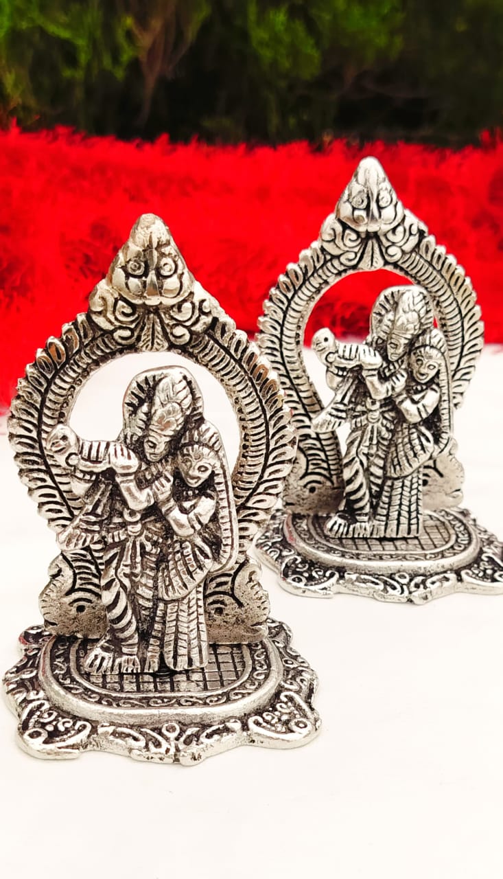 Antique Finish German Silver Radha Krishna with Arch -  Krishna Janmashtami Gift/Favors