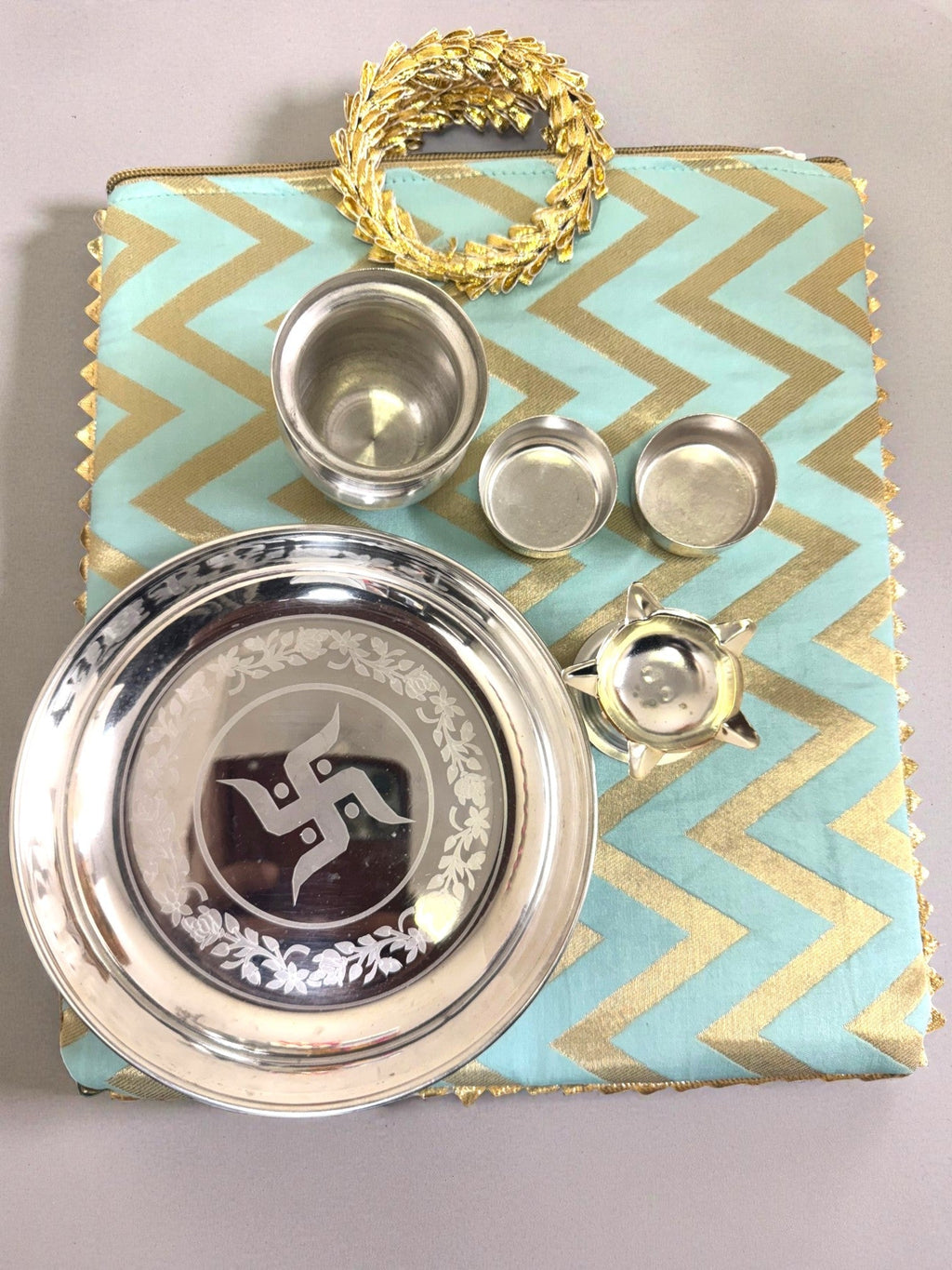 German Silver 5 Piece Thali set with Chevron Gota Bag