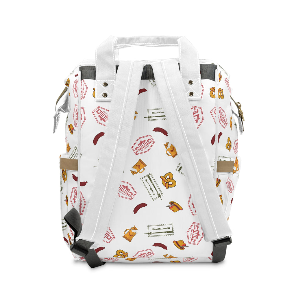 German goodies Diaper Backpack, White Travel Baby Bag with Berlin stamp, Bavarian pretzel, Fernsehturm tower, beer stein