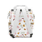 German goodies Diaper Backpack, White Travel Baby Bag with Berlin stamp, Bavarian pretzel, Fernsehturm tower, beer stein