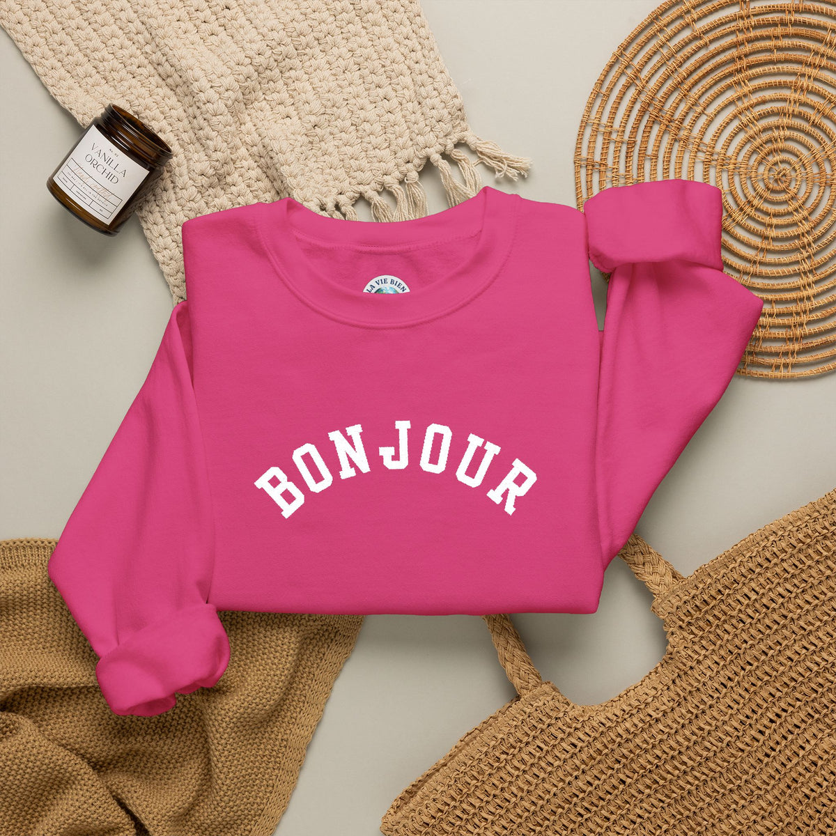 Bonjour embroidered collegiate Crewneck Sweatshirt, Minimal French Graphic Pullover