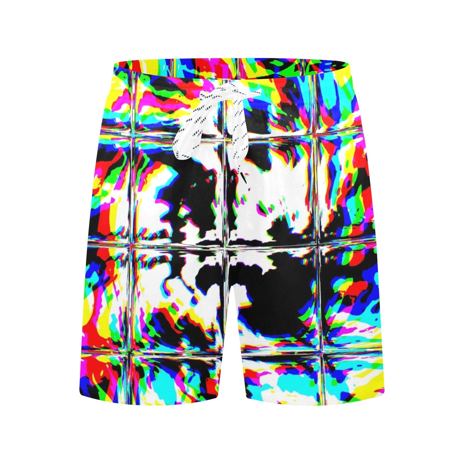 Psychedelic Rave Glitch Tiles Rainbow Plaid Swim Shorts