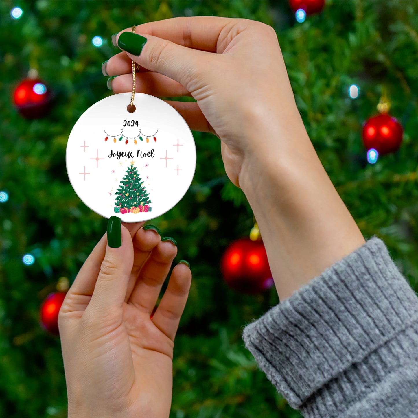 Keramikornament „Joyeux Noel“, „Frohe Weihnachten“ auf Französisch