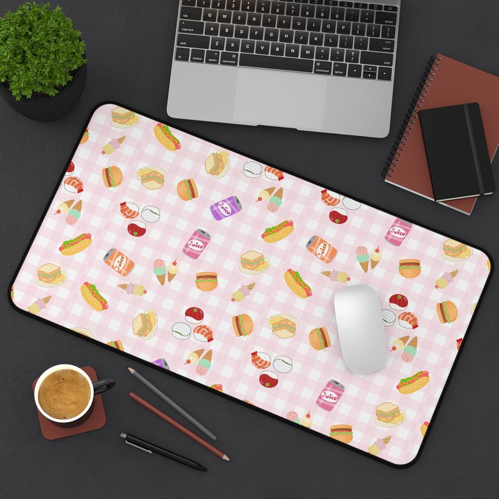 Pink gingham Foodie Picnic Snacks Desk Mat, Cute Food Pattern, light plaid Background