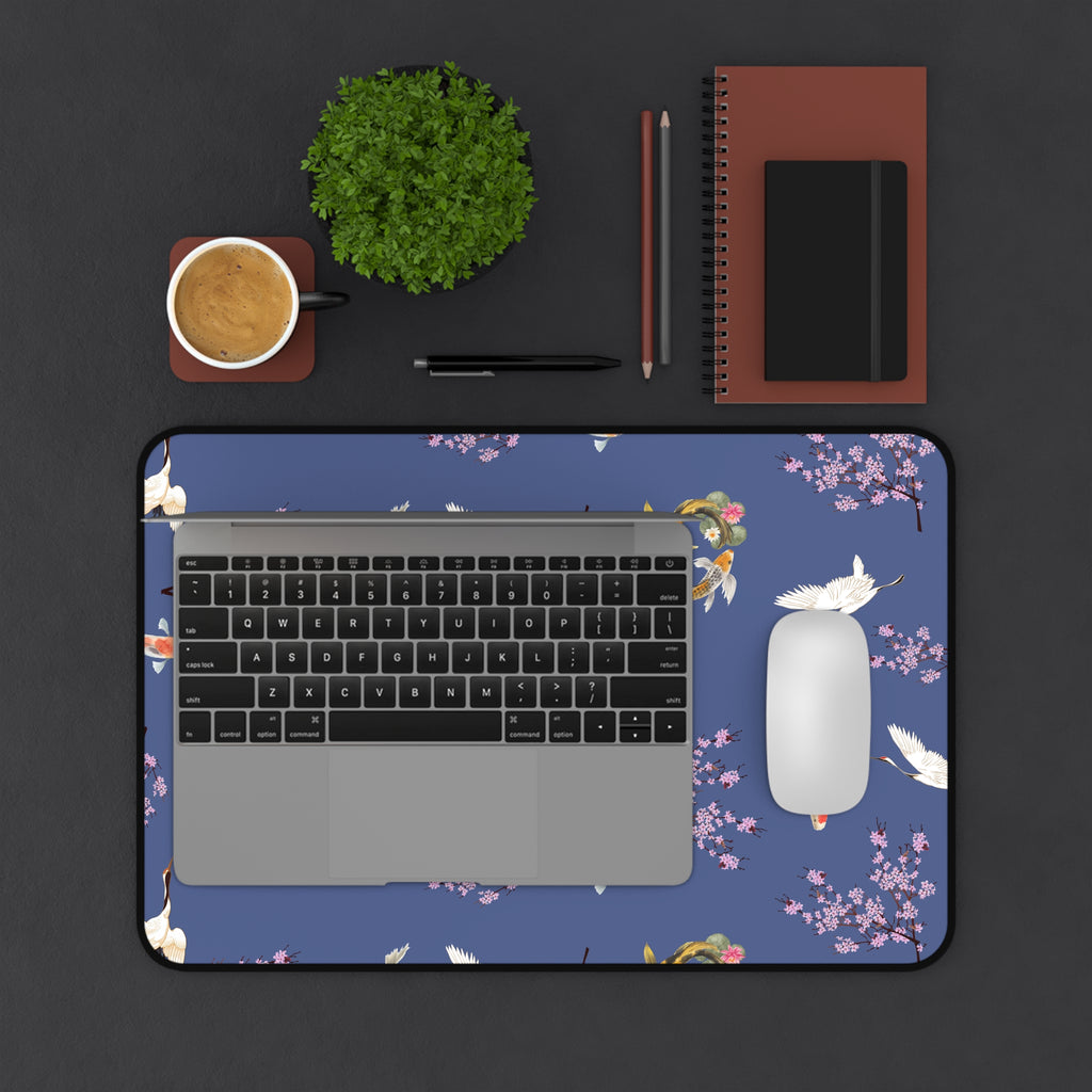 Elegant Cranes, Koi fish, and Cherry Blossom Desk Mat, Blue Floral Desk Pad
