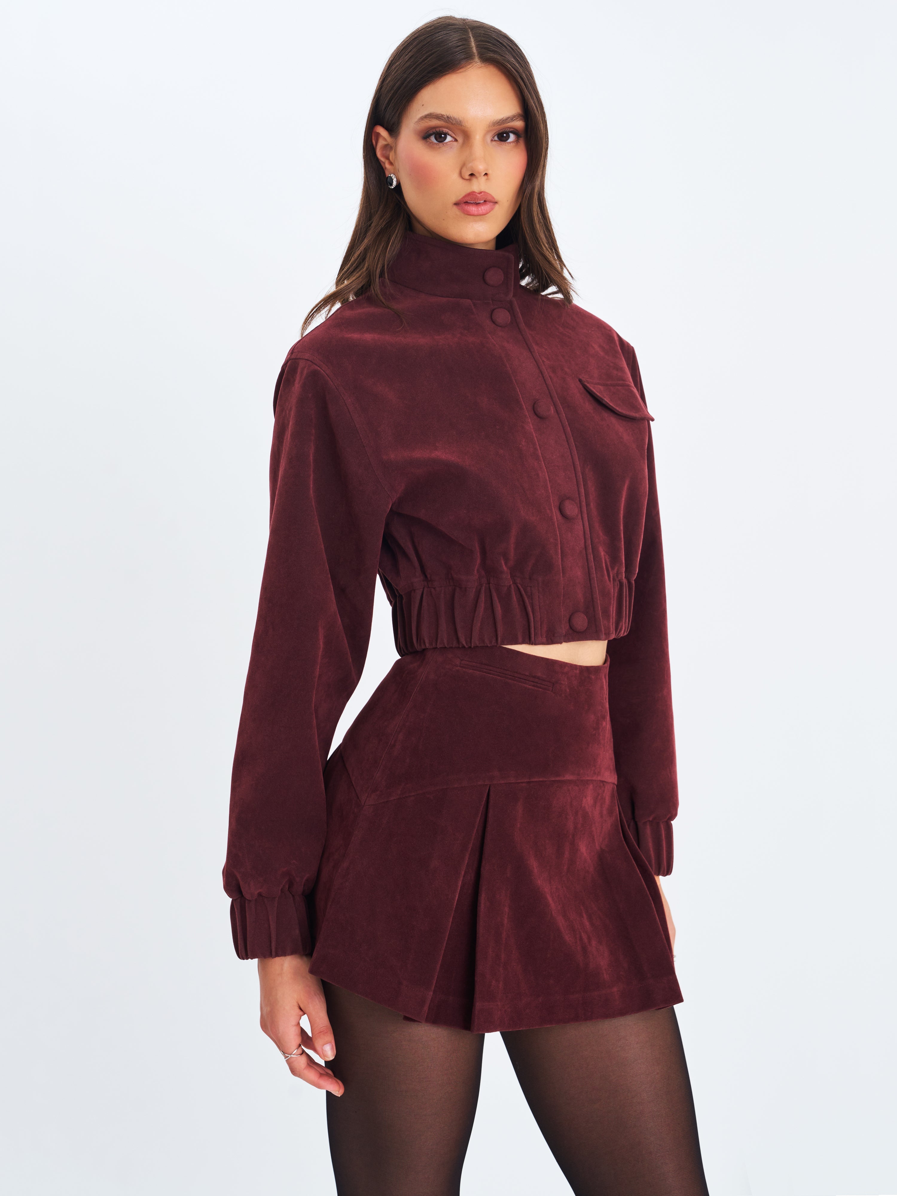 Faryn Mahogany Vegan Suede Pleated A-Line Mini Skirt