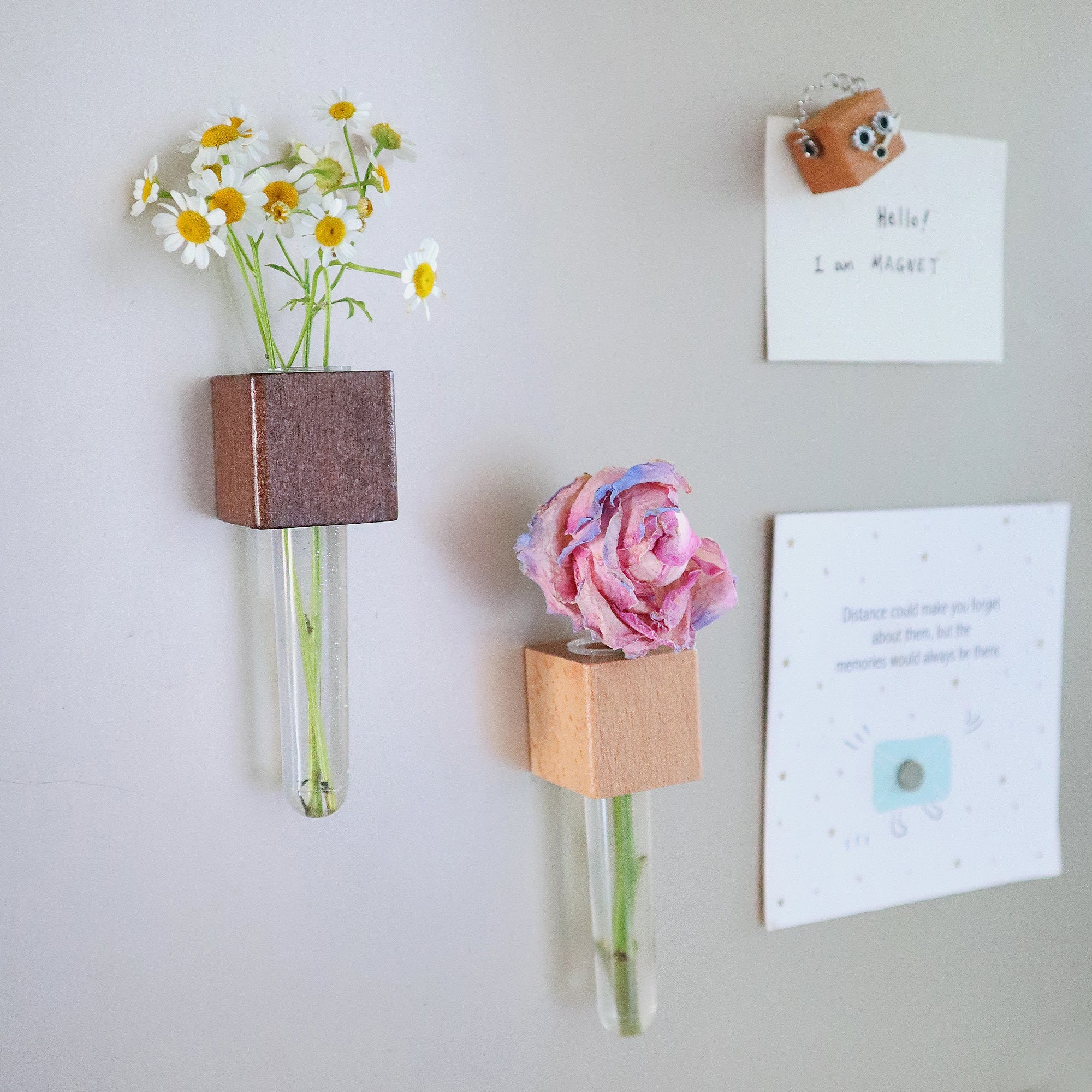 Mini Vase Magnets – Set of 2 – Beech & Walnut Wood – Decorative Fridge Magnets for Small Flowers or Greenery