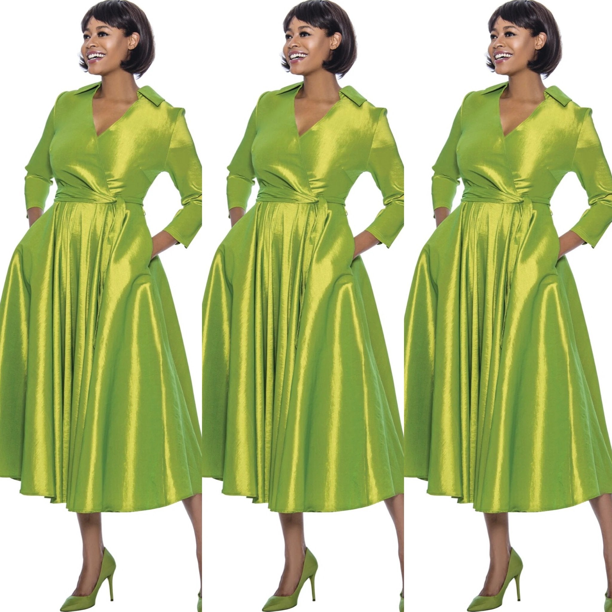 Green Classic Style Faux Wrap Dress by Social Butterfly Collection