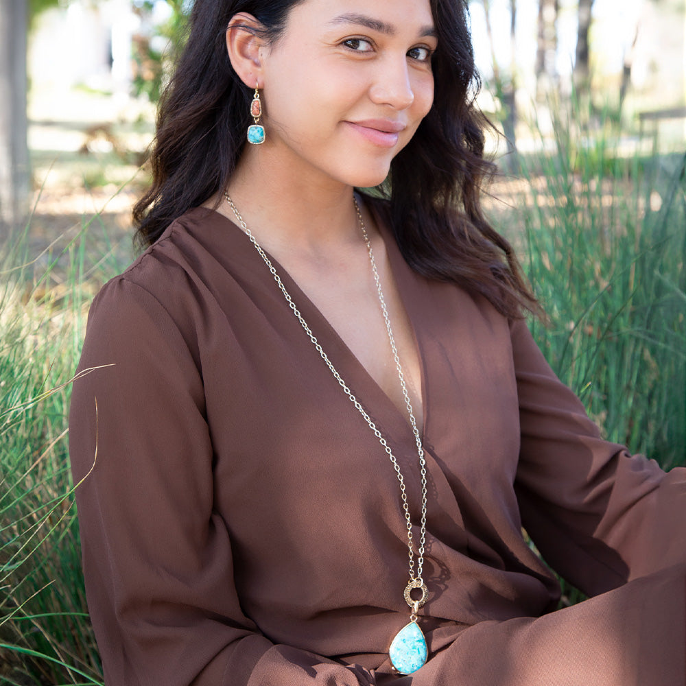 Abby Blue Turquoise and Golden Bronze Pendant Necklace