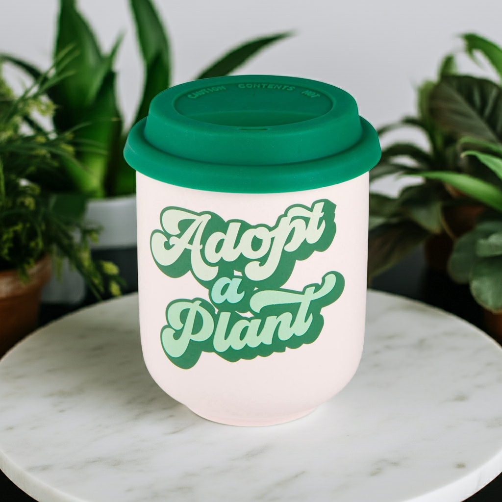 Adopt a Plant Ceramic To Go Mug | Holds 16 oz. | Eco Mug with Silicone Lid and Sleeve