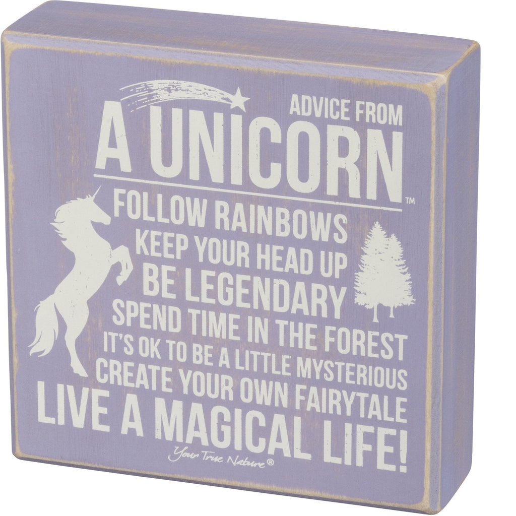 Advice From Unicorn Wooden Box Sign | Purple with White Lettering 6" x 6"