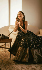 Alastair Blue and Gold Gown with Banarasi Border by Raas