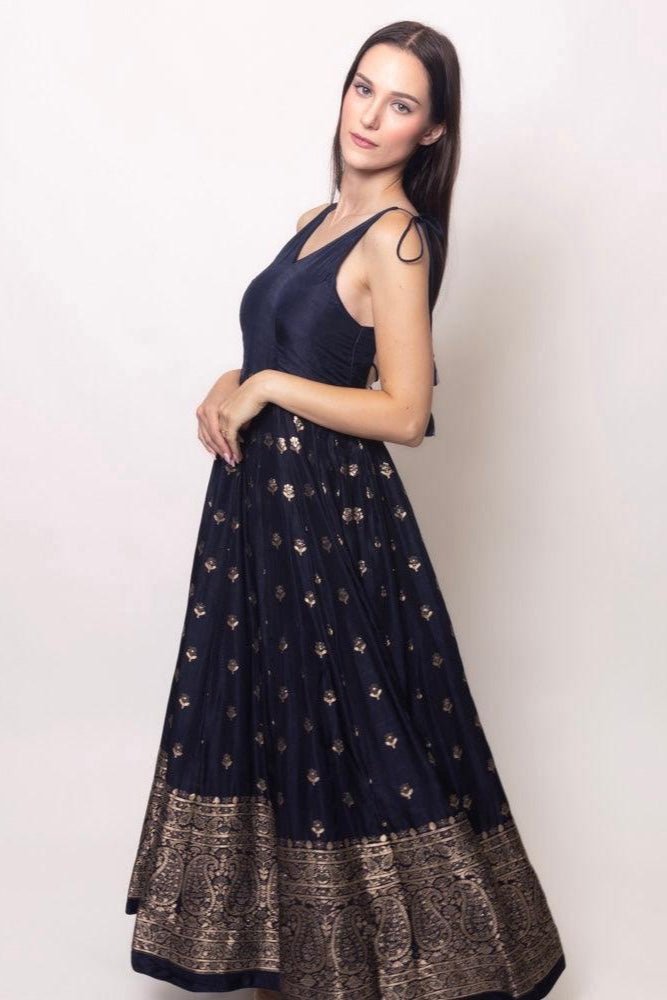 Alastair Blue and Gold Gown with Banarasi Border