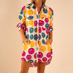 All Over Smiley Preslie Poplin Shirt Dress | Organic Cotton Beltable Dress or Tunic with Pockets