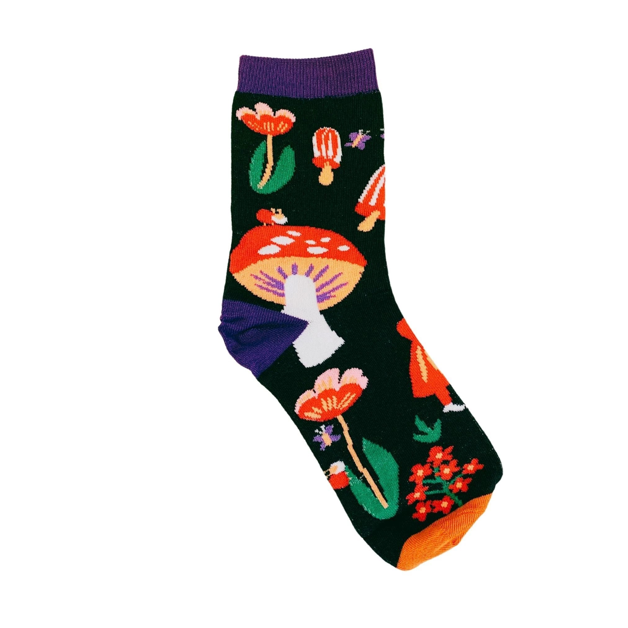 Amanita Trippy Mushroom Black Cotton Crew Socks | Dark Botanical Aesthetic | Poisonous Mushroom by The Bullish Store