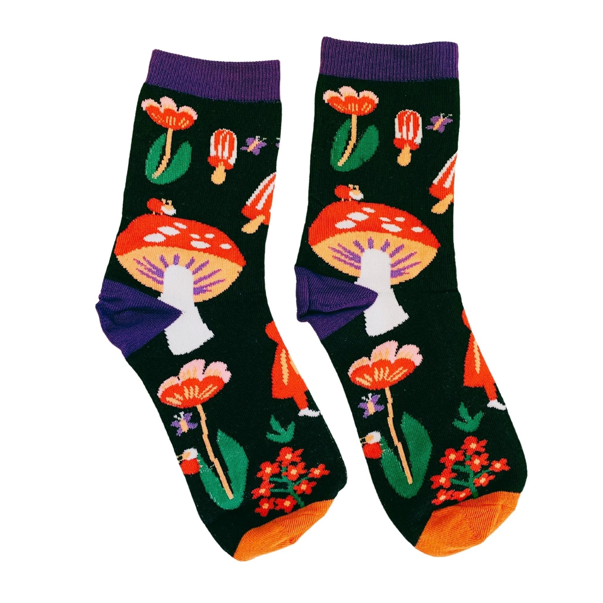 Amanita Trippy Mushroom Black Cotton Crew Socks | Dark Botanical Aesthetic | Poisonous Mushroom by The Bullish Store