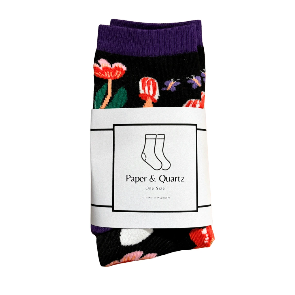 Amanita Trippy Mushroom Black Cotton Crew Socks | Dark Botanical Aesthetic | Poisonous Mushroom by The Bullish Store