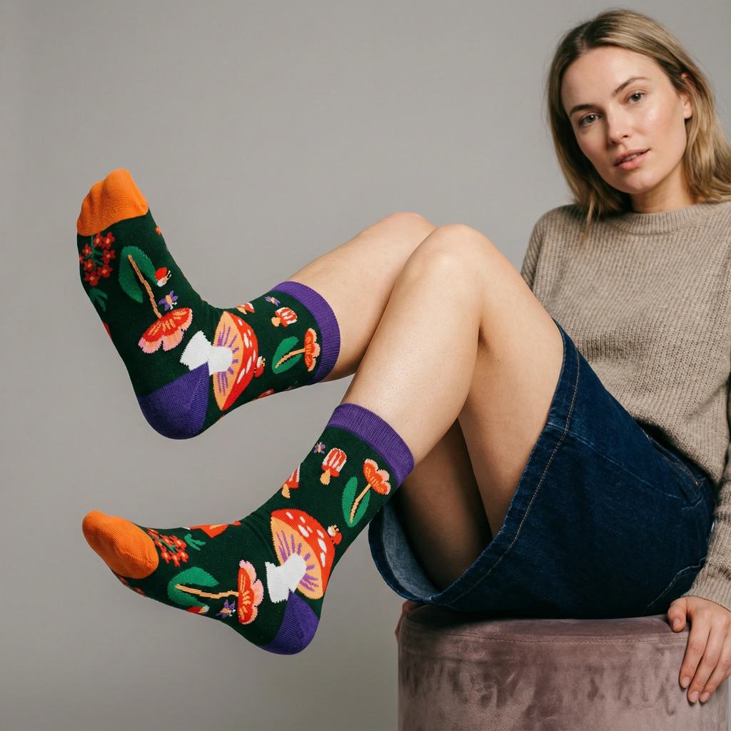 Amanita Trippy Mushroom Black Cotton Crew Socks | Dark Botanical Aesthetic | Poisonous Mushroom by The Bullish Store