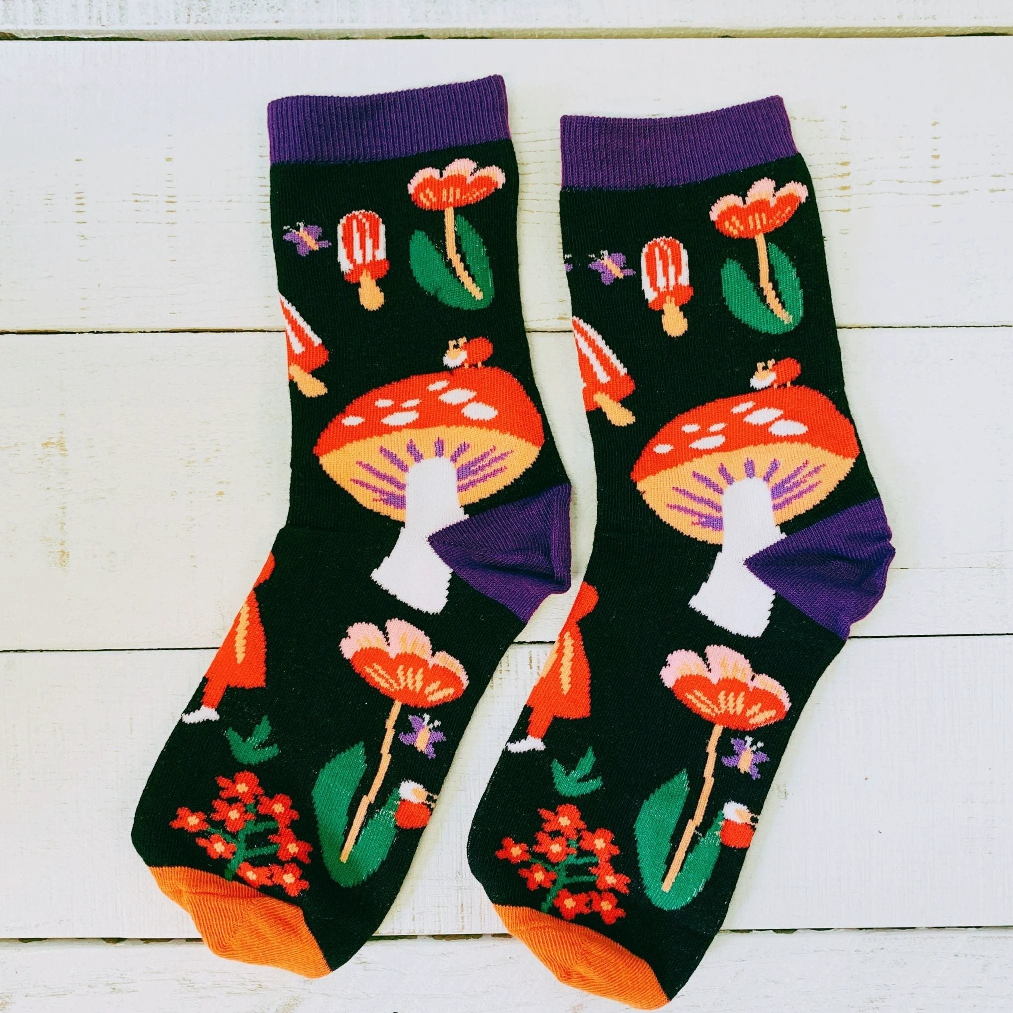 Amanita Trippy Mushroom Black Cotton Crew Socks | Dark Botanical Aesthetic | Poisonous Mushroom by The Bullish Store