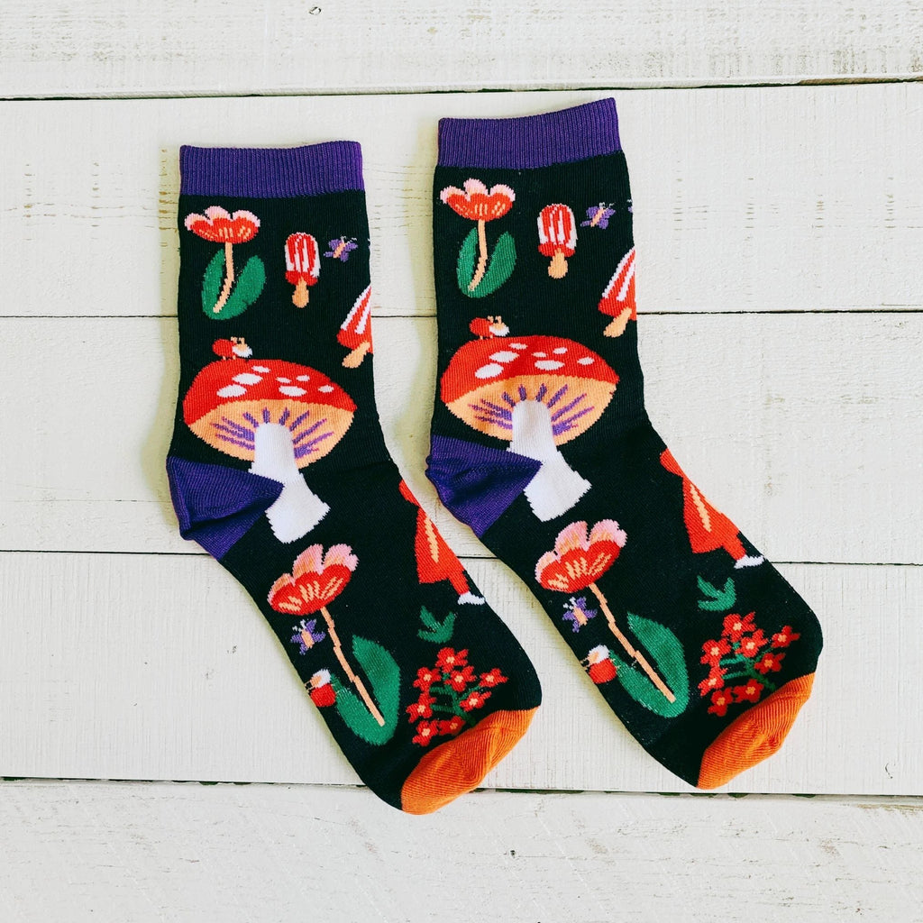 Amanita Trippy Mushroom Black Cotton Crew Socks | Dark Botanical Aesthetic | Poisonous Mushroom by The Bullish Store