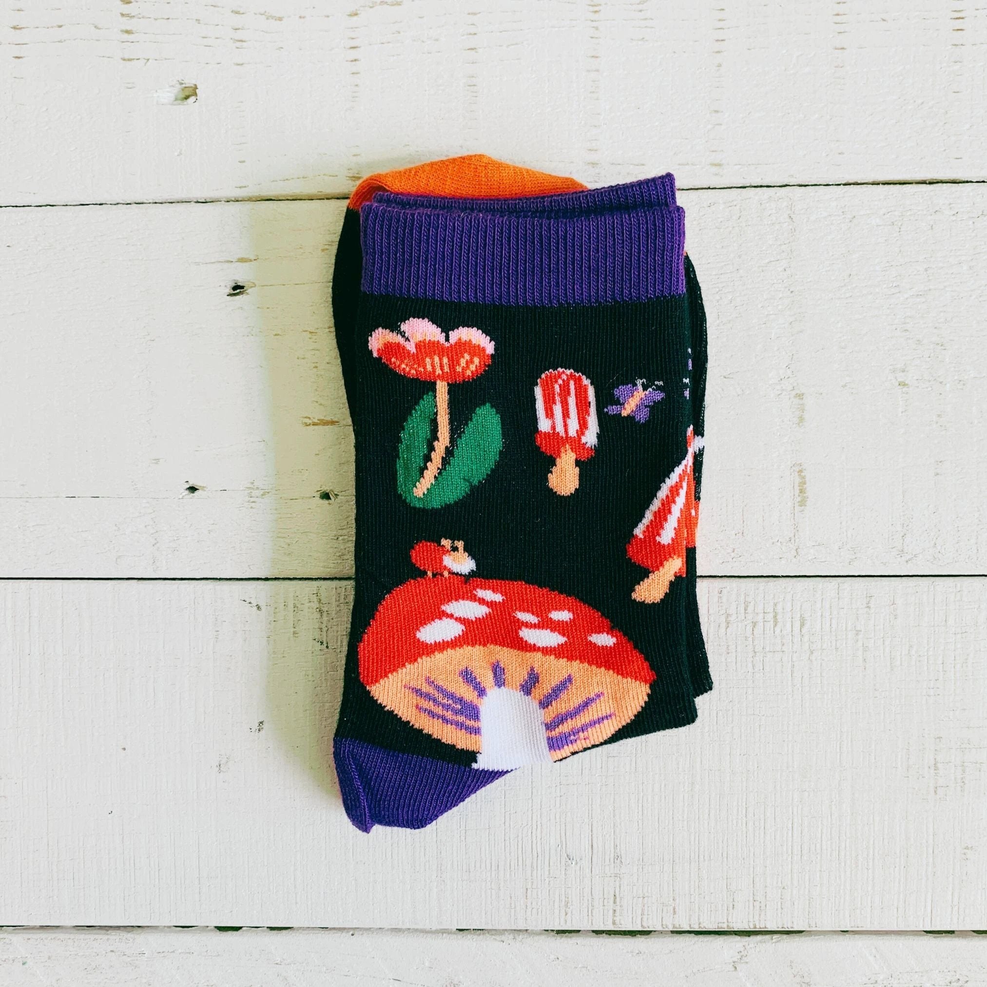 Amanita Trippy Mushroom Black Cotton Crew Socks | Dark Botanical Aesthetic | Poisonous Mushroom by The Bullish Store