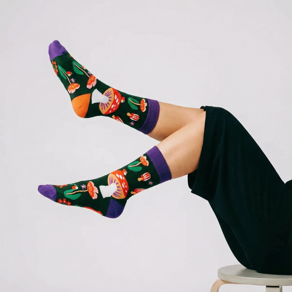 Amanita Trippy Mushroom Black Cotton Crew Socks | Dark Botanical Aesthetic | Poisonous Mushroom by The Bullish Store
