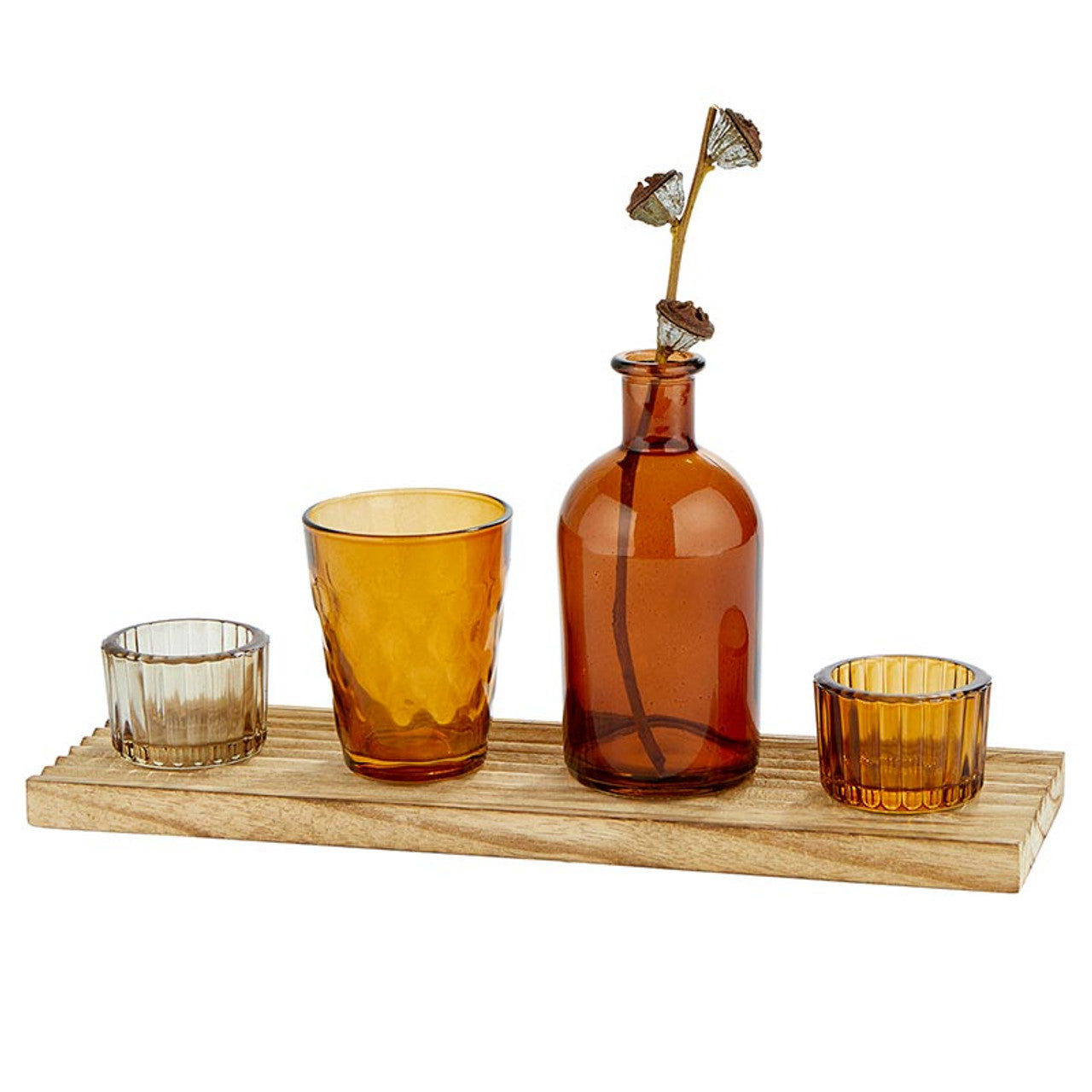 Amber Candle Garden Set | Glass Bottle Vase & Votive Candleholders with Wooden Tray
