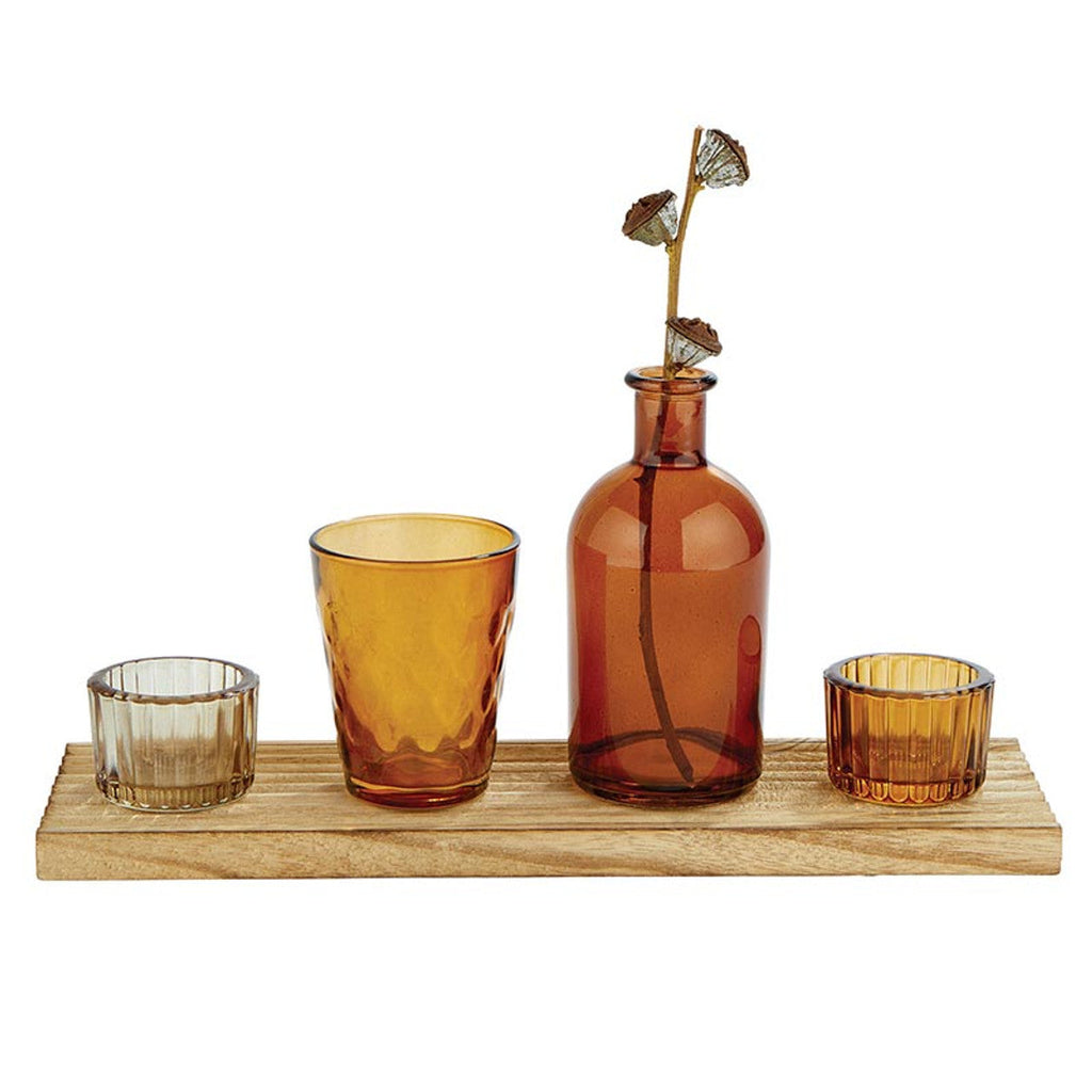 Amber Candle Garden Set | Glass Bottle Vase & Votive Candleholders with Wooden Tray
