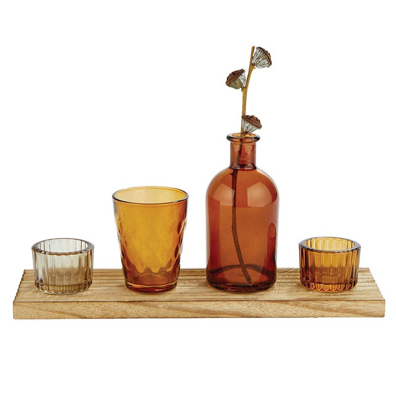 Amber Candle Garden Set | Glass Bottle Vase & Votive Candleholders with Wooden Tray
