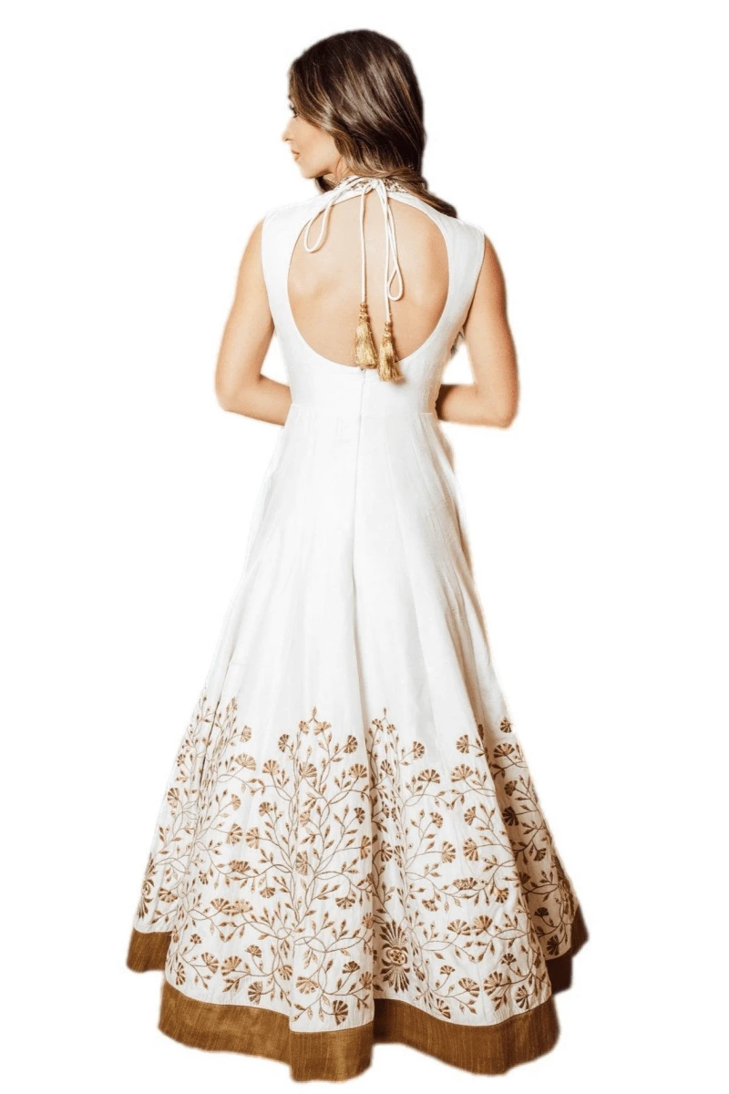 Anita White Gown with Embroidered Torso and Hem by Raas