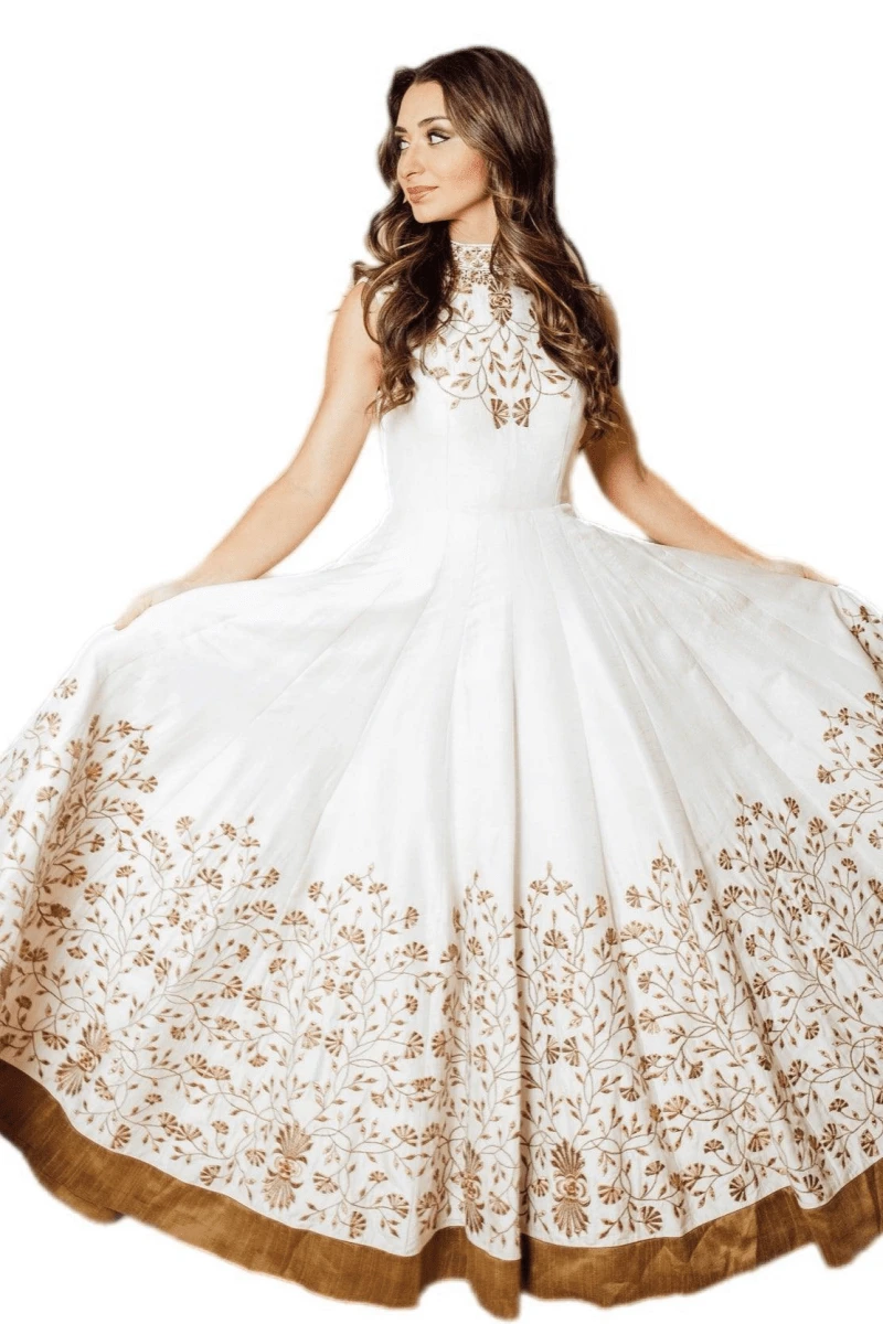 Anita White Gown with Embroidered Torso and Hem by Raas