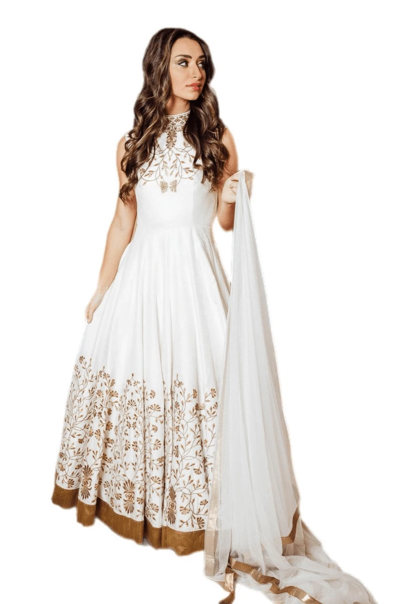 Anita White Gown with Embroidered Torso and Hem by Raas
