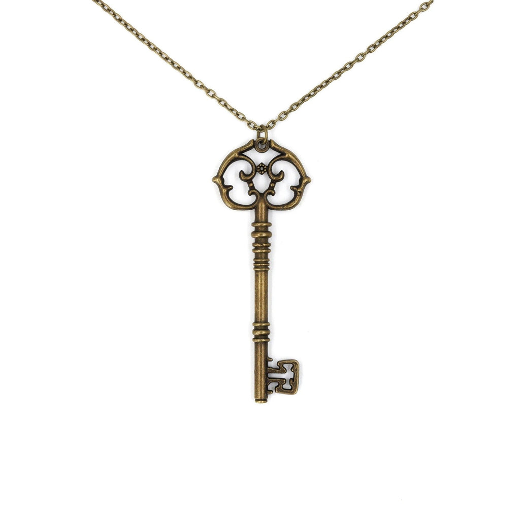 Antique Key Pendant Necklace in Aged Brass Tone or Silver by The Bullish Store