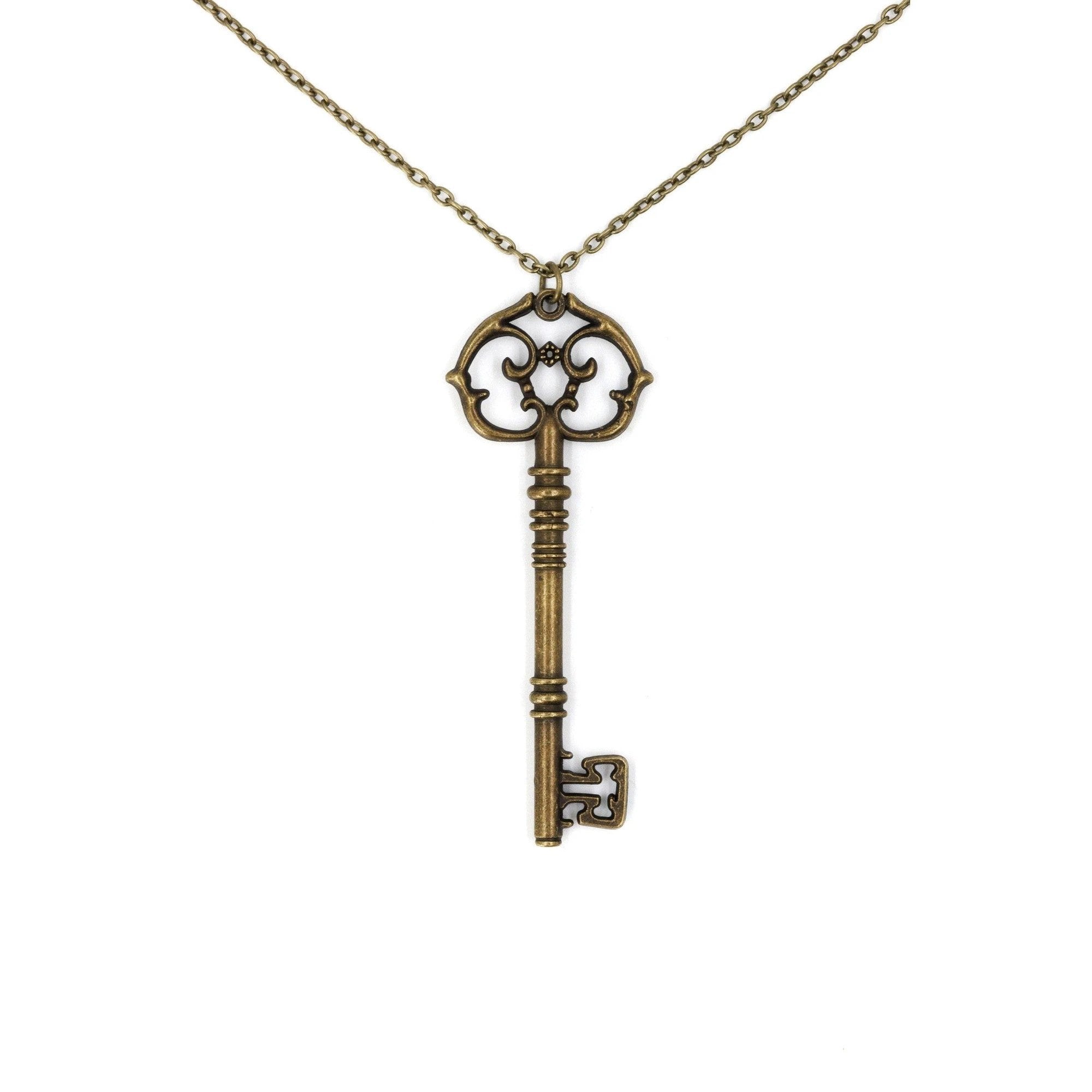 Antique Key Pendant Necklace in Aged Brass Tone or Silver by The Bullish Store