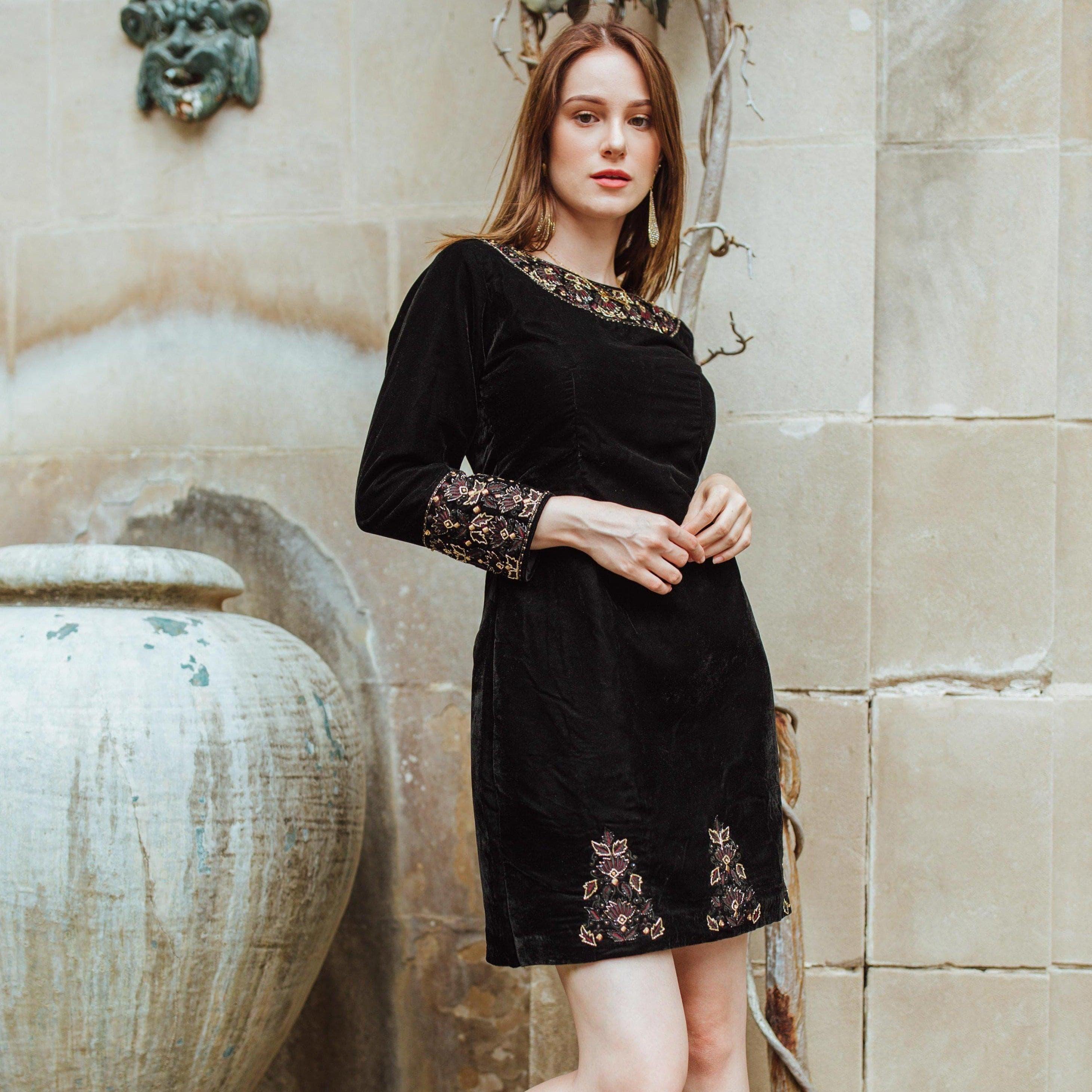 Arial Black Velvet Dress with Hand Embroidery